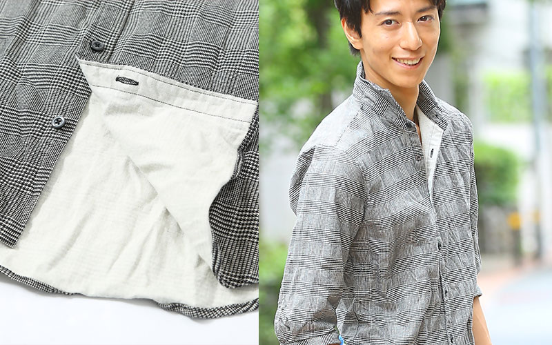 レリアン17+コットン×ポリ グレーと黒のチェック柄5部袖真夏以外OK 身幅60 レリアン17+コットン×ポリ グレーと黒のチェック柄5部袖真夏