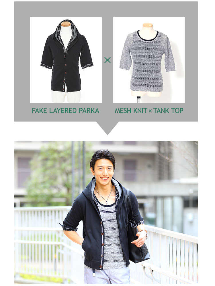 フェイクレイヤードダブルフード5分袖パーカー｜MENZ-STYLE