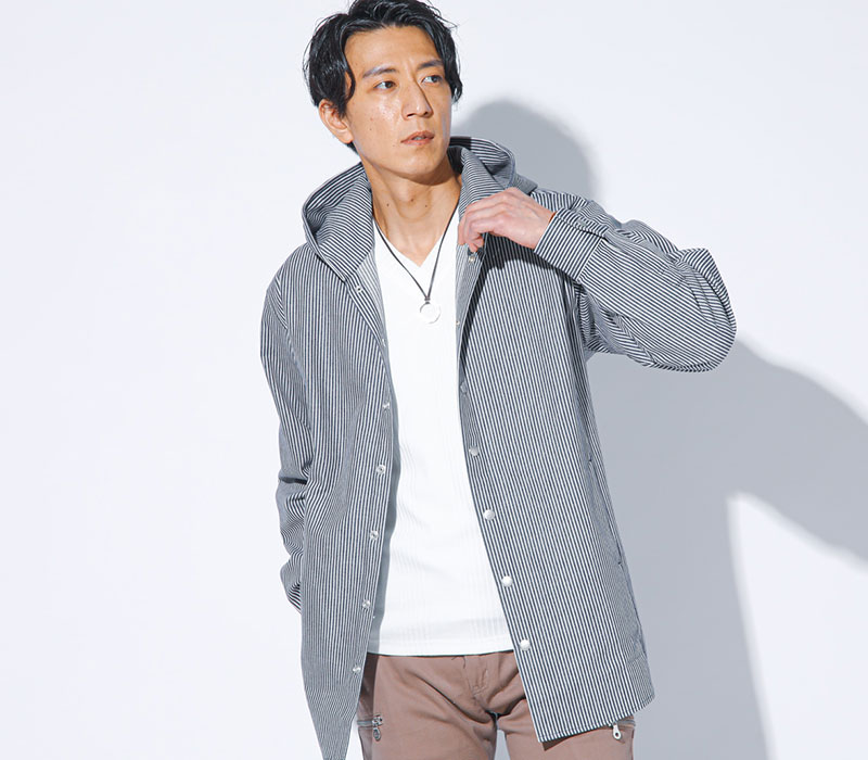 ヒッコリーストライプワイヤー入りセミロング丈シャツパーカージャケット