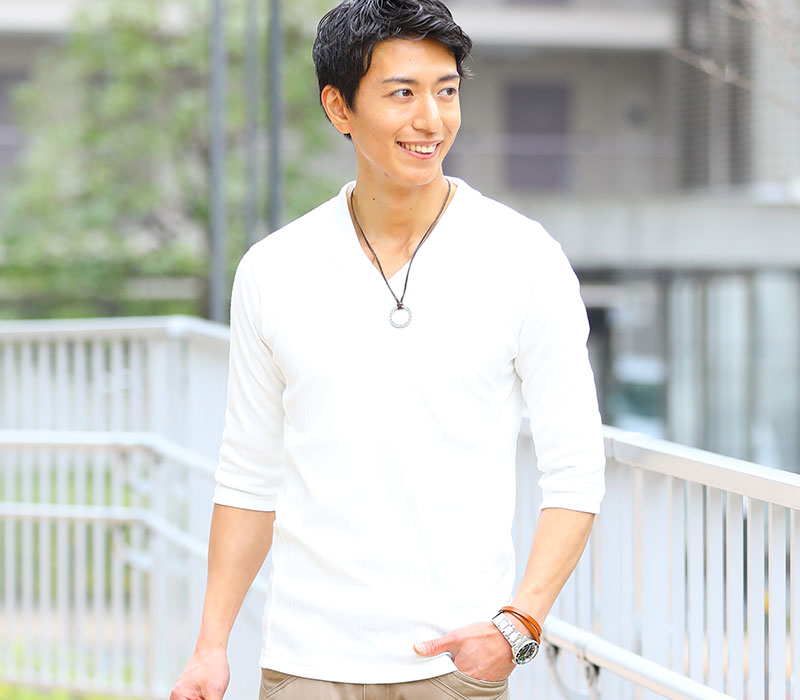 ランダムテレコVネック無地Tシャツ　７分袖・半袖
