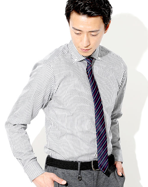 日本製 接触冷感イージーケア長袖スリムツイルストライプシャツ Designed by Bizfront in TOKYO
