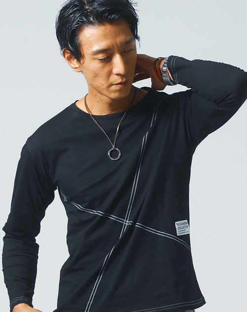 ステッチ切り替え長袖クルーネックコットンＴシャツ