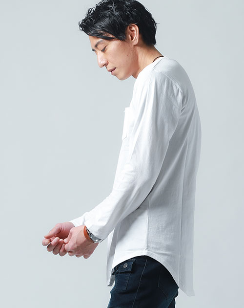 ロング丈クルーネック長袖コットンＴシャツ