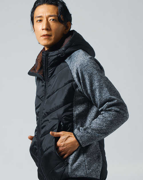異素材切り替えストレッチ中綿パーカー
