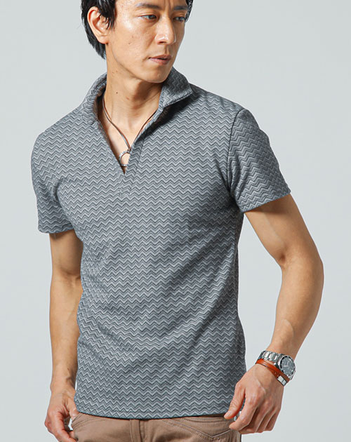 ダブルシェブロン柄半袖スキッパーポロシャツ
