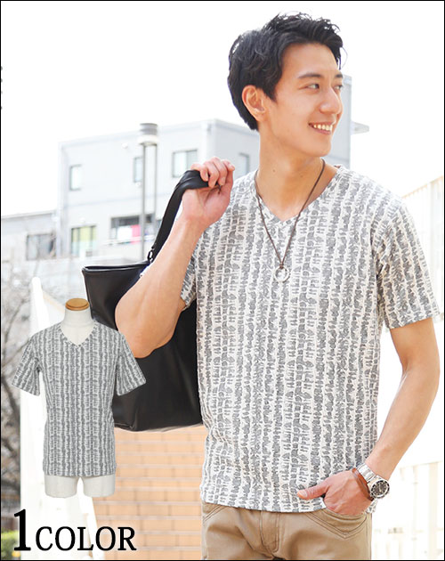 膨れジャガードデザインⅤネック半袖カットソー